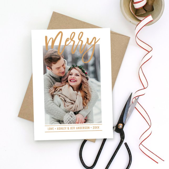 Nylyft foto för Merry Modern Cognac Tan-skript Julkort (Skapare uppladdad)