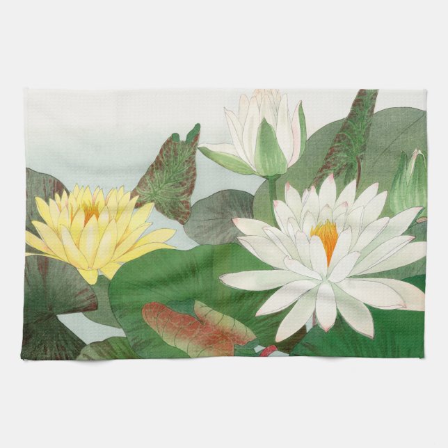 Nymphaea lotus, japanskt träsnitt, 1917 kökshandduk (Horisontell)