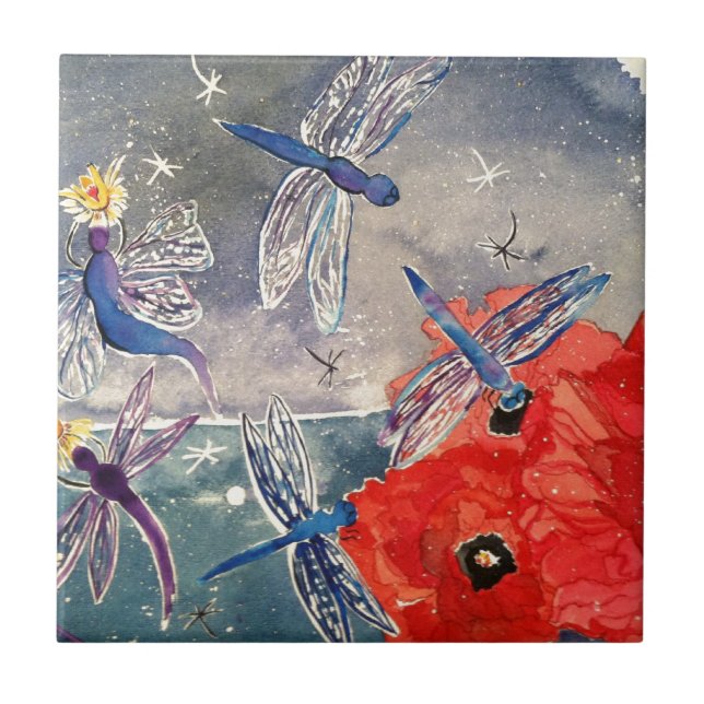 Nymphs och sländavattenfärgmålning kakelplatta (Framsidan)