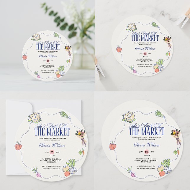 Nyskörd Bröllopsdusch Whimsical Teckning Inbjudningar (Fresh Off the Market Bridal Shower Whimsical Drawn Invitation)