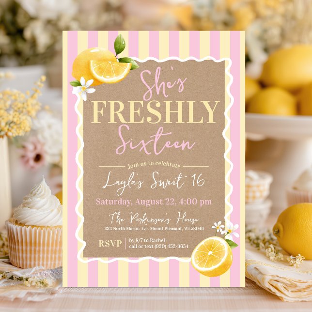 NYSS Åtton Citroner Rosa & Gul 16-årsdag Inbjudningar (Cute pink and yellow watercolor lemon theme She's Freshly Sixteen modern birthday party invitation)