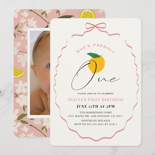 Nyss Ett Rosa Slinga Citron Foto Flicka 1-årsdag Inbjudningar (Fram/baksida)