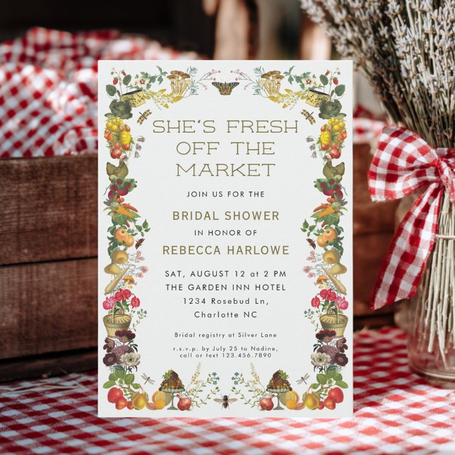Nyss från Marknaden Bonde Vintage Bröllopsdusch Inbjudningar (Rustic vintage fresh off the market bridal shower invitation card in summer country-side setting)