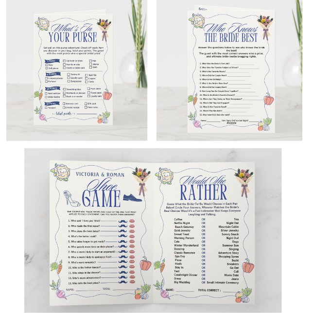 Nyss från Marknaden Bröllopsdusch 4 Spel kort (Fresh Off the Market Bridal Shower Wedding 4 Games fun funny party country rustic theme spring)