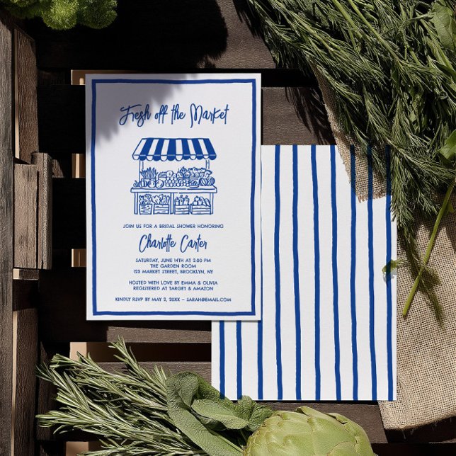 Nyss Från Marknaden Bröllopsfest Luftig Blå Inbjudningar (Fresh Off The Market Bridal Shower Whimsical Blue Invitation)