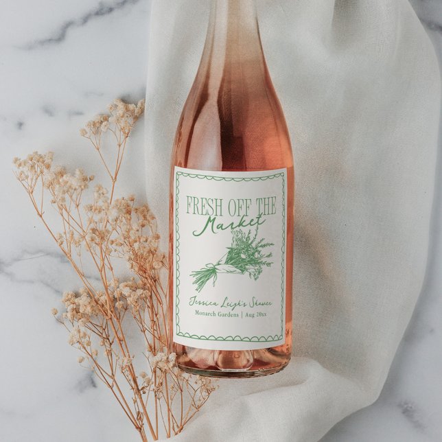 Nyss från marknaden grön bröllopsdusch vinflaska etikett (Skapare uppladdad)