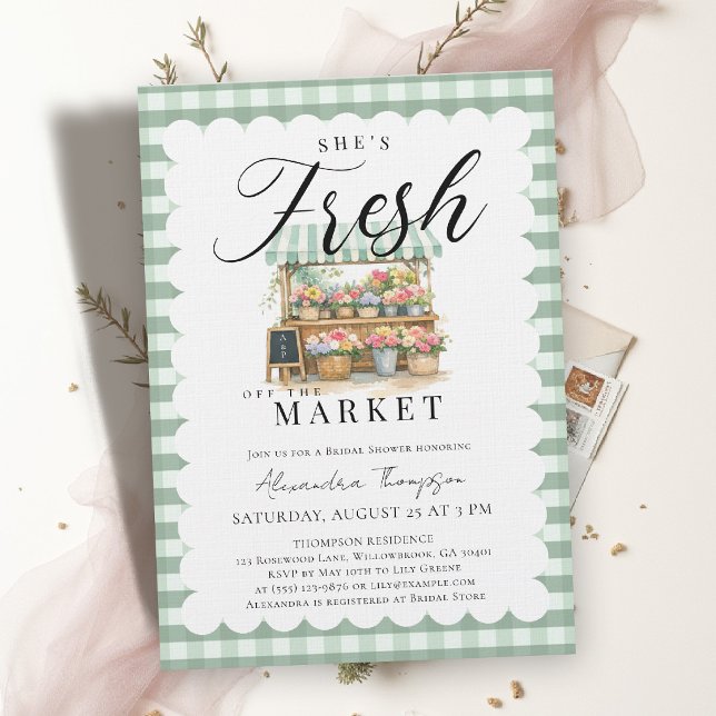 Nyss från marknaden Grön Gingham Bröllopsdusch Inbjudningar (fresh off the market bridal shower invitation green gingham preppy watercolor stand)
