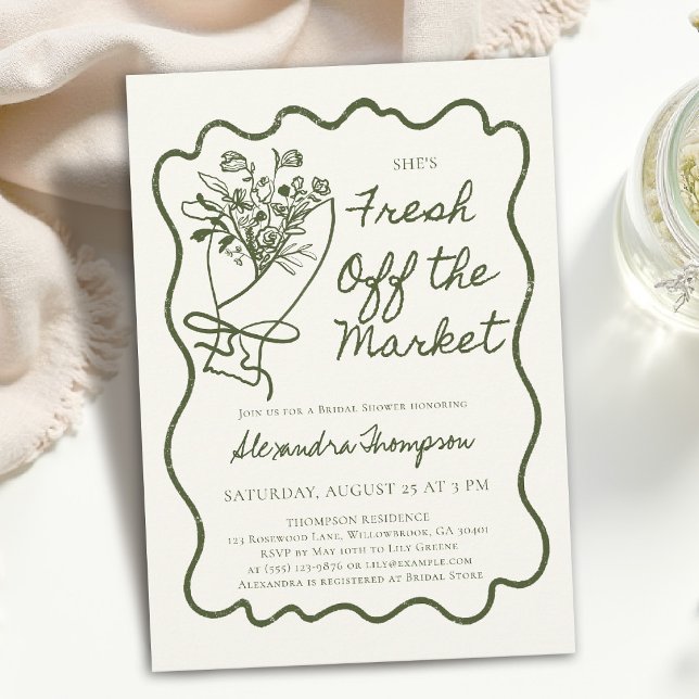 Nyss från marknaden Handritad bröllopsdusch Inbjudningar (fresh off the market bridal shower invitation green hand drawn frame handwritten flower bouquet)