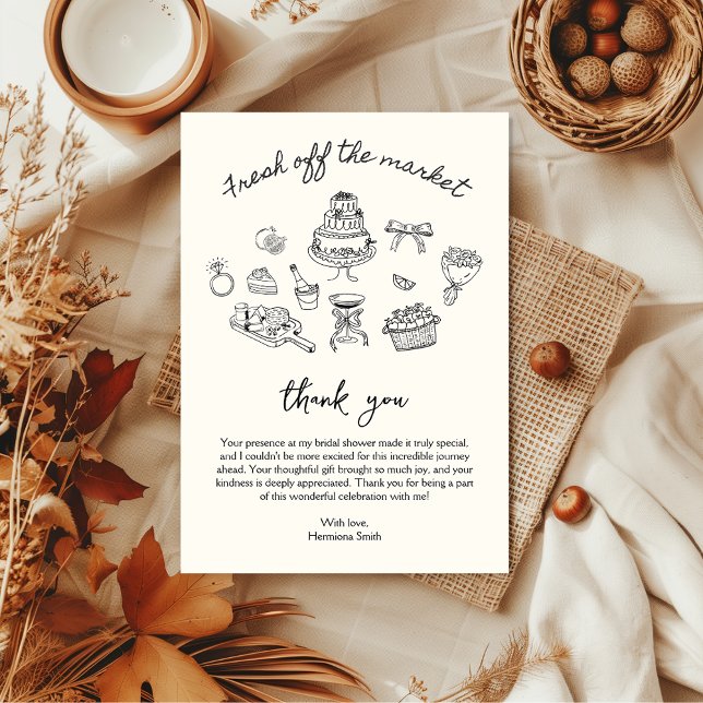 Nyss från marknaden Handritad Bröllopsdusch Tack Kort (Fresh off the market thank you card bridal shower)