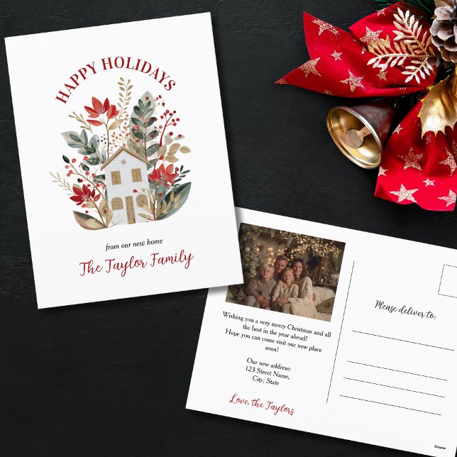 Nystartad jul helg vykort (cute watercolor house surrounded with christmas greenery)