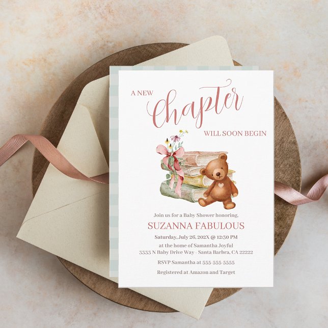 Nystartade kapitel i Storybook Baby Shower Inbjudningar (New Chapter Will Soon Begin. Cute storybook and stuffed brown bear. Perfect for your Baby Shower)