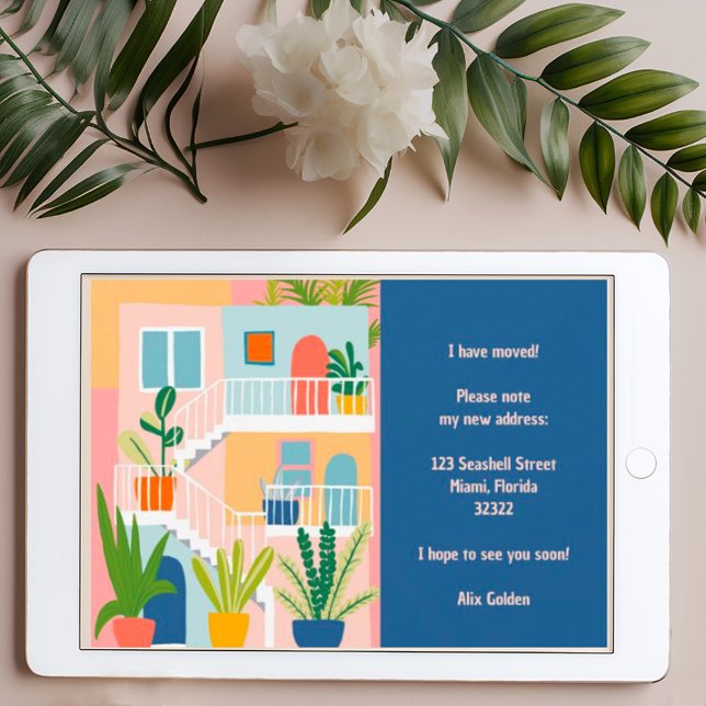 Nytt adress färgfack för meddelande om flytta (Moving announcement digital download - tropical colorful apartment address change card)