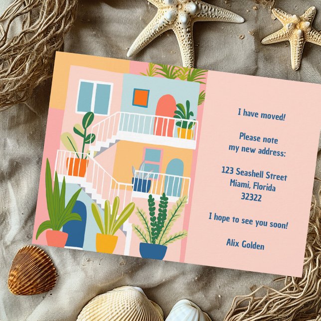 Nytt adress färgfack för meddelande om flytta (Moving Announcement Address Colorful Apartment Note Card Pink Orange Blue Houseplants Cute)