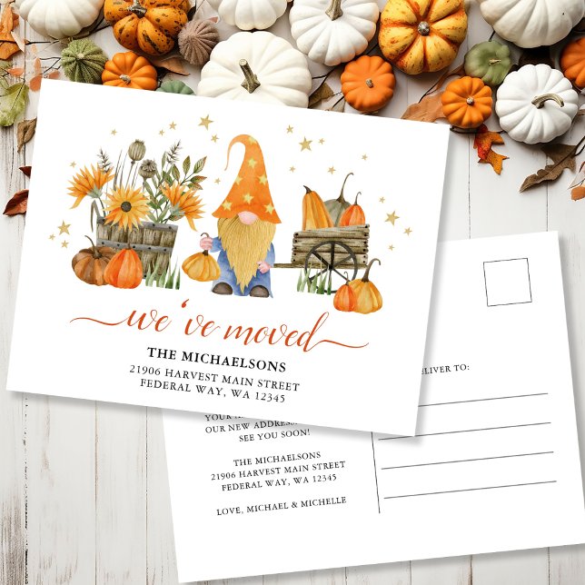 Nytt adress meddelande från vi har flyttat hösten  vykort (We've Moved Autumn Gnome New Address Announcement Postcard)