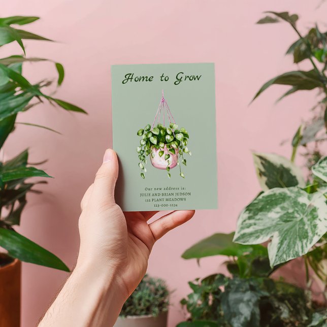 Nytt adress meddelande om hemmet till växeln (“Home to Grow” moving announcement card. Watercolor illustration of a pink hanging plant pot.)