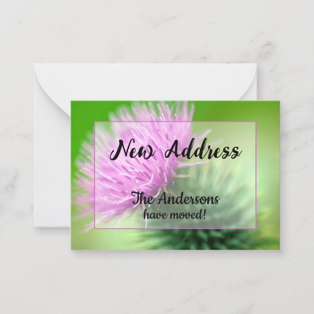 Nytt adress meddelande om lila Thistle (Framsida)