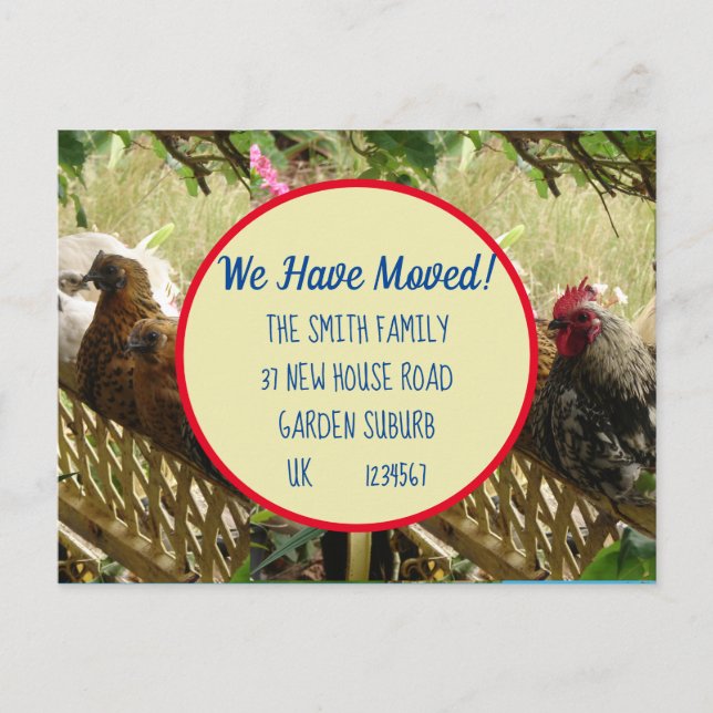 Nytt adress vykort för Chicken Tupp är Flytta (Framsida)