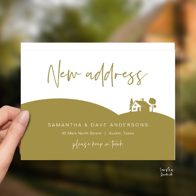 Nytt adresskungörelse för litet hus vykort (New Home Address Announcement, Little House Postcard in yellow gold)