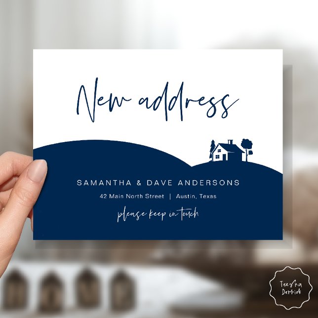 Nytt adresskungörelse för litet hus vykort (New Home Address Announcement, Little House Postcard in Navy Blue)
