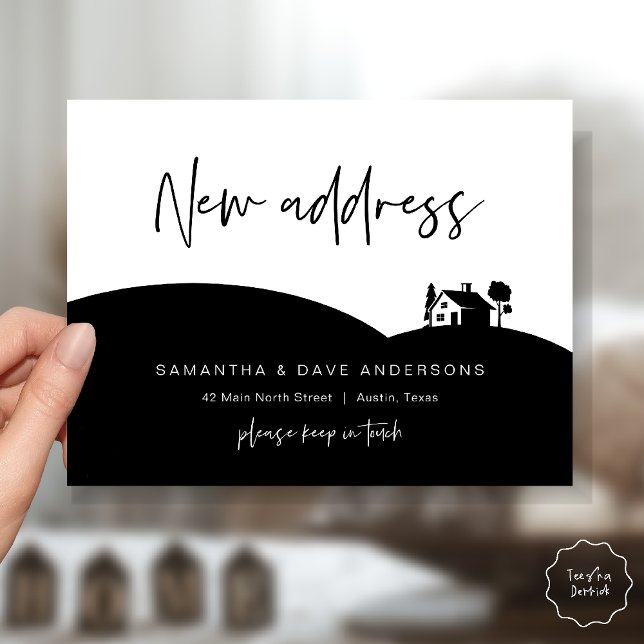 Nytt adresskungörelse för litet hus vykort (New Home Address Announcement, Little House Postcard in black white)