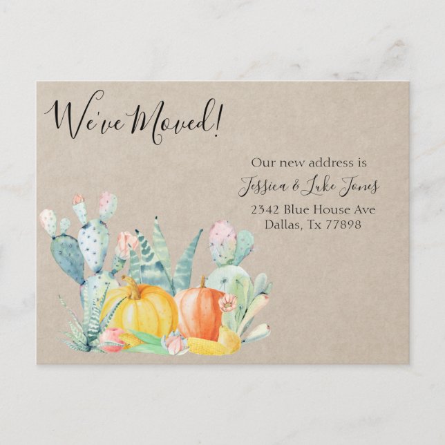 Nytt adressmeddelande Flyttar Höst Kaktus Pumpa Meddelande Vykort (Framsida)