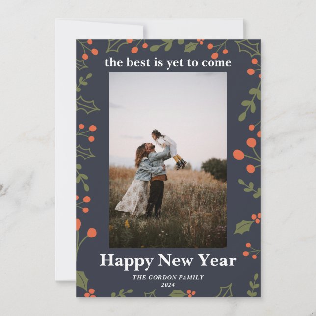 Nytt år 1: Foto botaniskt Helgdag Holly Modern Julkort (Framsida)