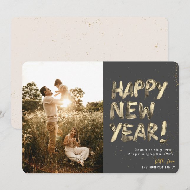 Nytt år i Guld i Modern och tillsammans med Grått  Julkort (Fram/baksida)