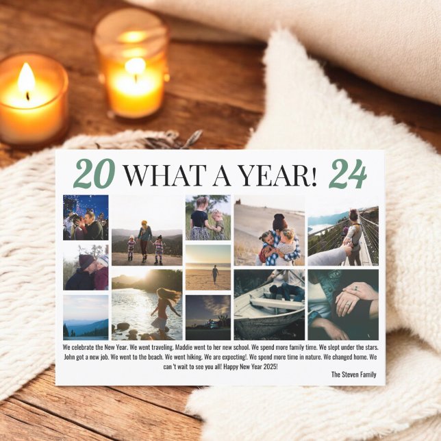 Nytt år i recensionen: 12 gröntar för fotosamlings julkort (New Year in review 12 photos collage grid green Holiday Card)