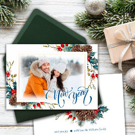Nytt år med Spruce grenar Photo Greeting Card Meddelande