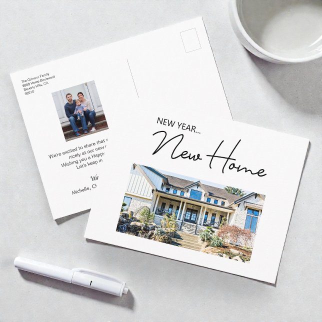 Nytt år Ny Hem Flyttningsmeddelande foton Helg Vykort (CusromModern new year new home horizontal house photo and family postcard. )