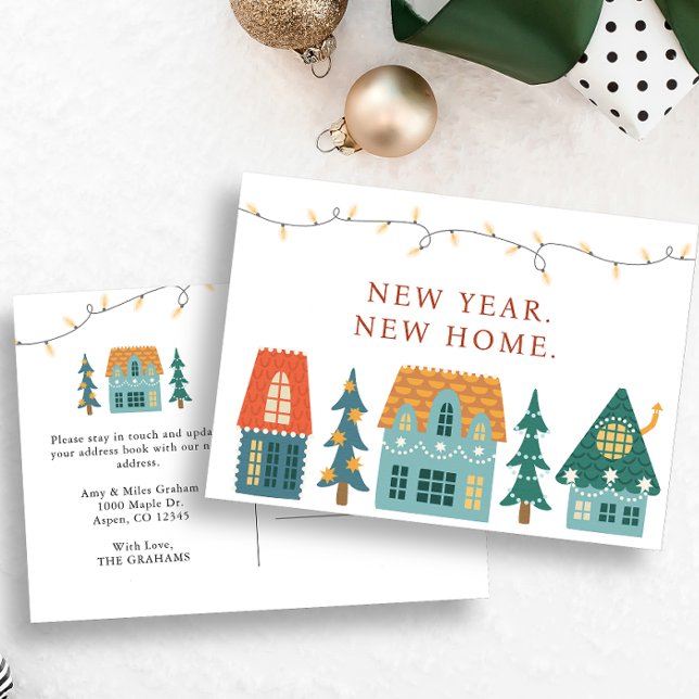 Nytt år Nytt hem Semester Vykort (New Year New Home Postcard Holiday Retro Houses Christmas Card)