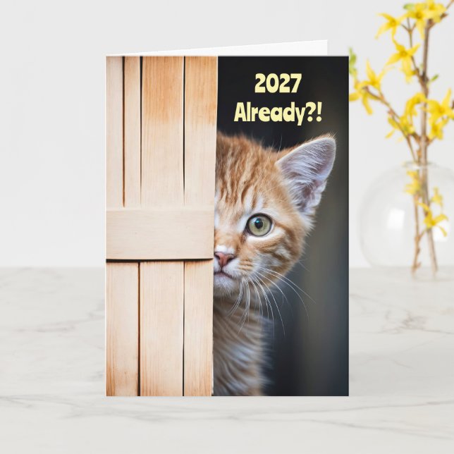 Nytt år Söt Rolig 2027 Ginger Orange Kattunge  Kort (Gul blomma)
