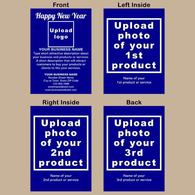 Nytt årligt blått mappat visitkort helgkort (Blue folded holiday card for New Year with your business brand and products or services.)