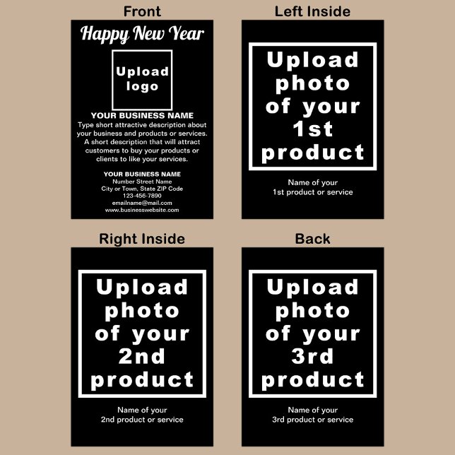 Nytt årligt visitkort för svart, mappad hälsning kort (Black New Year folded greeting card with your business brand and products or services.)
