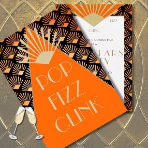 Nytt års Art Deco Pop Fizz Clink Guld Vintage Inbjudningar