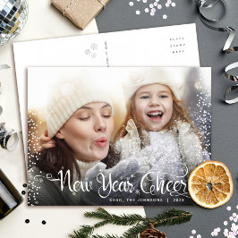 Nytt års Cheer Modern Script White Snowflake Photo Helg Vykort