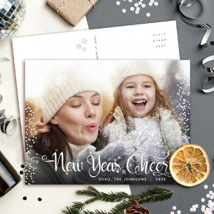 Nytt års Cheer Modern Script White Snowflake Photo Helg Vykort