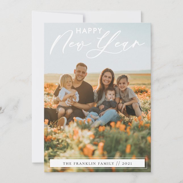 Nytt års fotokort för elegant Script Julkort (Framsida)