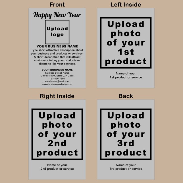 Nytt års Grått-mappat visitkort Helgkort (Gray folded holiday card for New Year with your business brand and products or services.)