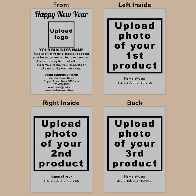 Nytt års Grått-mappat visitkort Kort (Gray New Year folded greeting card with your business brand and products or services.)