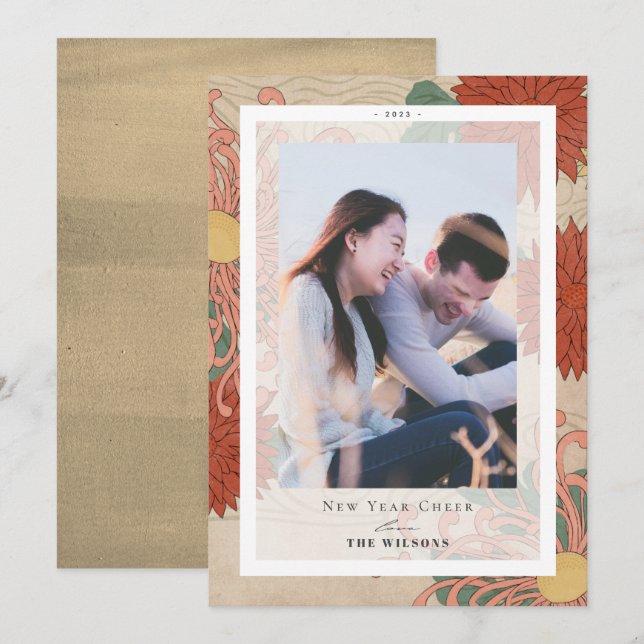 Nytt års-Helgdag-fotokort för asiatiskt Blommönste Inbjudningar (Fram/baksida)