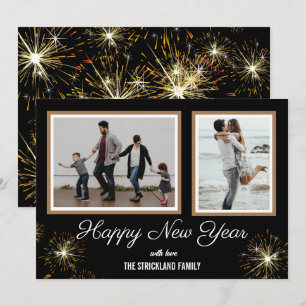 Nytt års Helgdag med fotokort, svart och Guld-bran Tack Kort