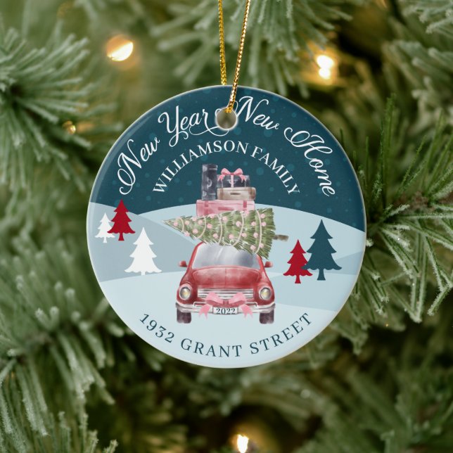 Nytt års hemrött retro-bildsfoto julgransprydnad keramik (Träd)