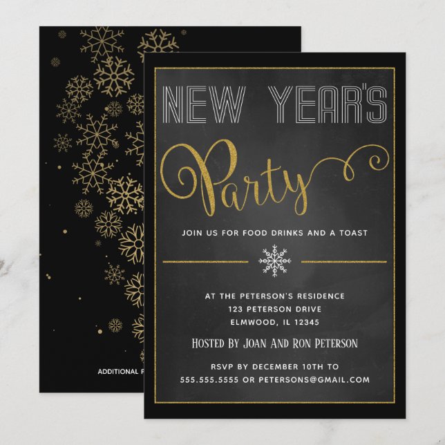 Nytt års inbjudan för glitter för party guld- (Fram/baksida)