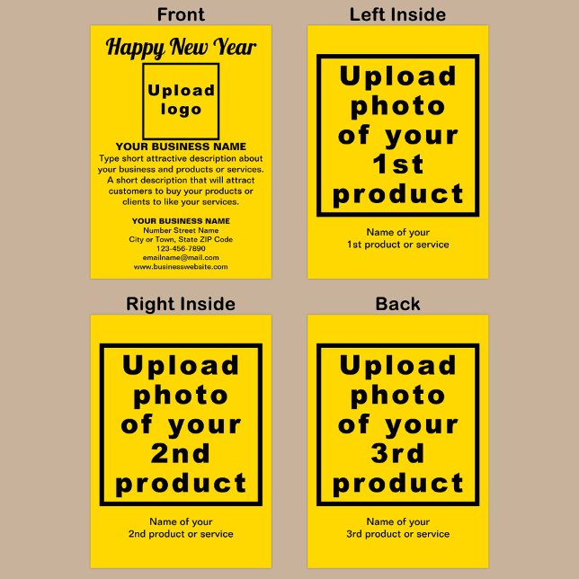 Nytt års mappat visitkort för Gult Helgkort (Yellow folded holiday card for New Year with your business brand and products or services.)