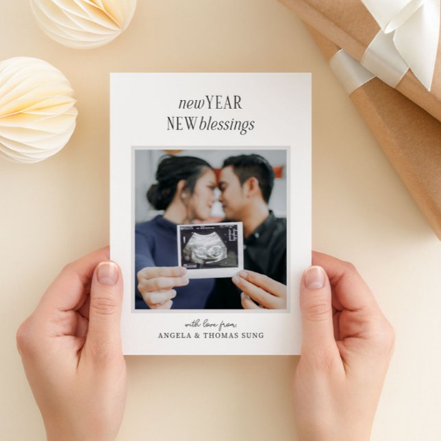 Nytt års meddelande om ny Gravid för nya välsignel (new year new blessings photo pregnancy announcement holiday new year postcard)