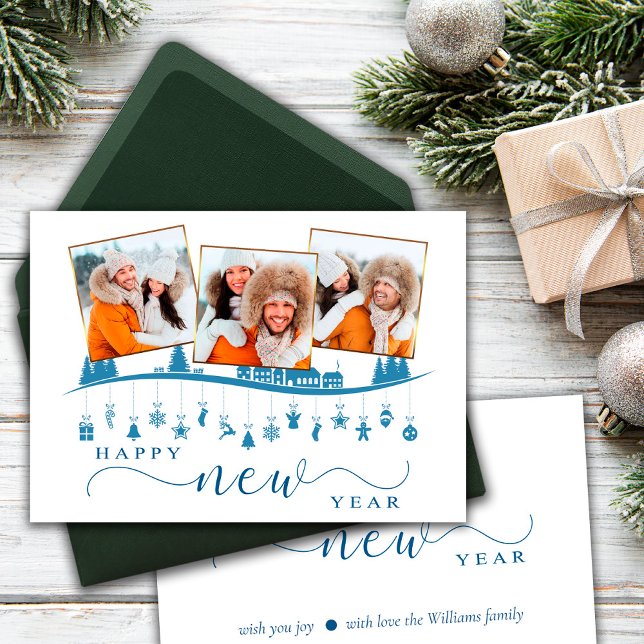 Nytt års minimalistiskt blått foto-hälsningskort S Meddelande (Skapare uppladdad)