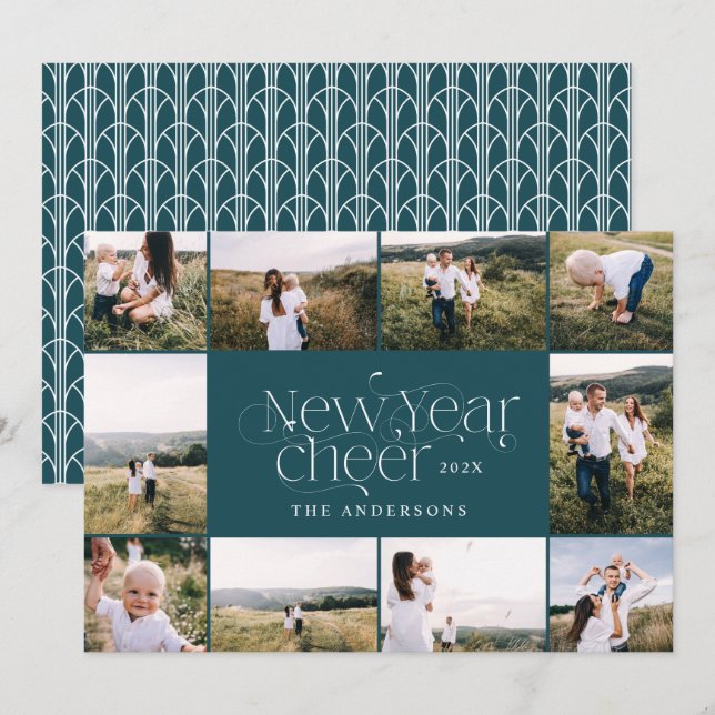 Nytt års multifoto-elegant Art Deco modern Holid Julkort (Fram/baksida)