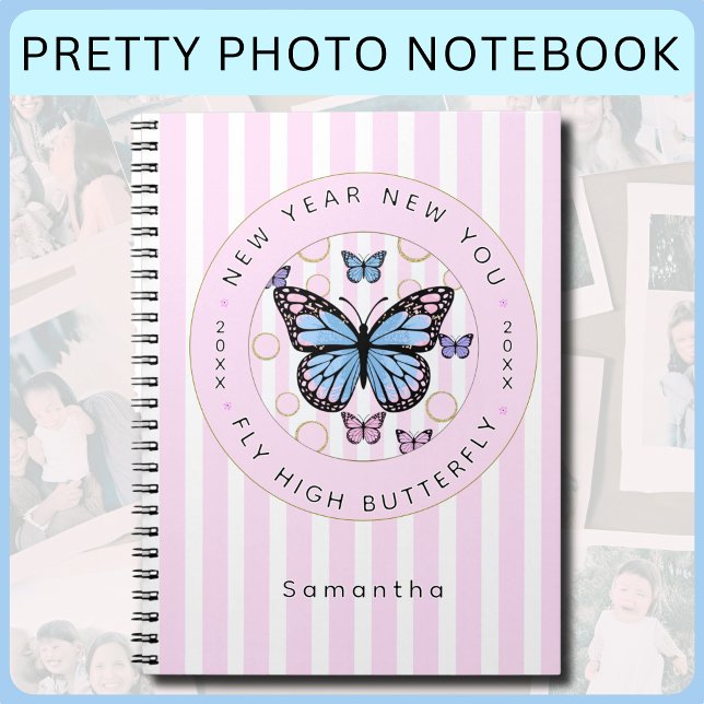 Nytt års nybörjarfoto för ditt fjäril-användarnamn anteckningsbok (New Year New You Pretty Pink and White Candy Striped Photo Notebook for all your precious memories!)