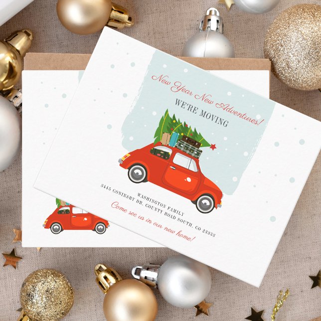 Nytt årskort för Flytta i Äventyr Visitkort (Modern Moving Announcement Red Card with Tree New Year Moving Announcement)
